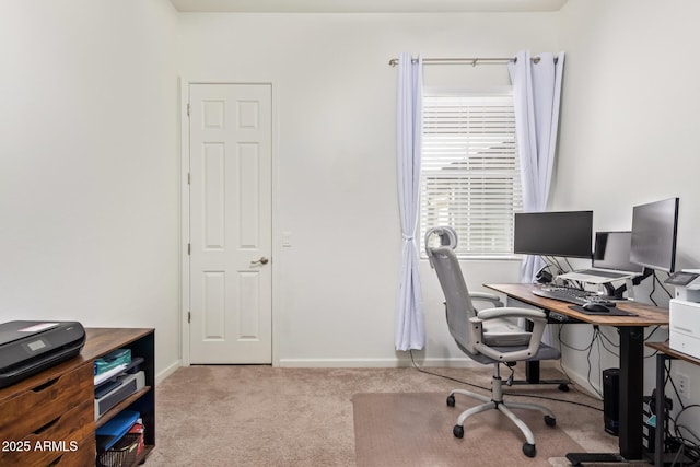 home office with light colored carpet