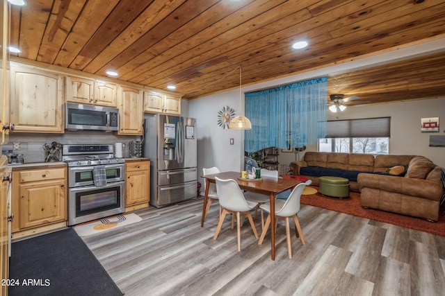 kitchen featuring tasteful backsplash, wooden ceiling, stainless steel appliances, and light hardwood / wood-style floors