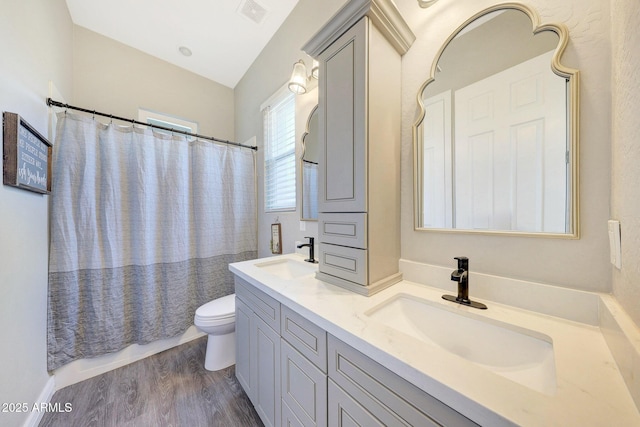 bathroom featuring hardwood / wood-style flooring, vanity, toilet, and walk in shower