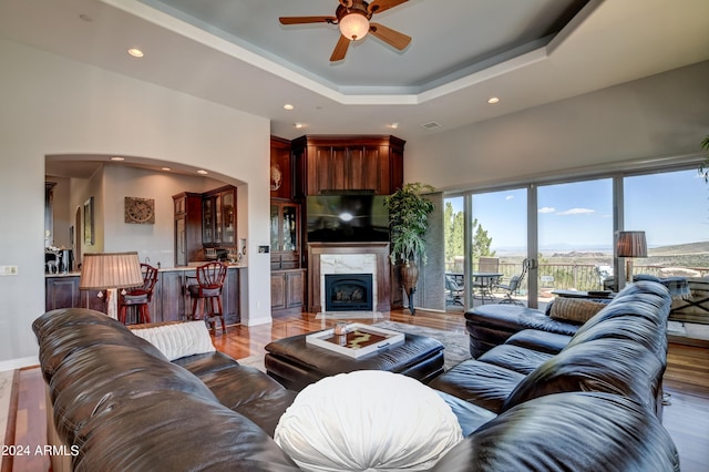 living room with ceiling fan, light wood-type flooring, a raised ceiling, and a premium fireplace