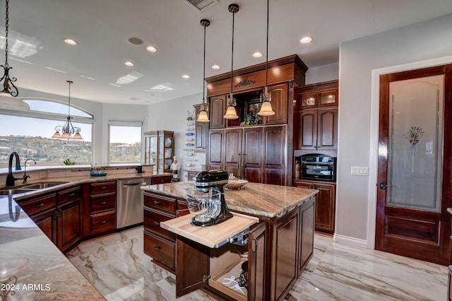 kitchen with decorative light fixtures, dishwasher, light stone counters, a kitchen island, and light tile patterned flooring