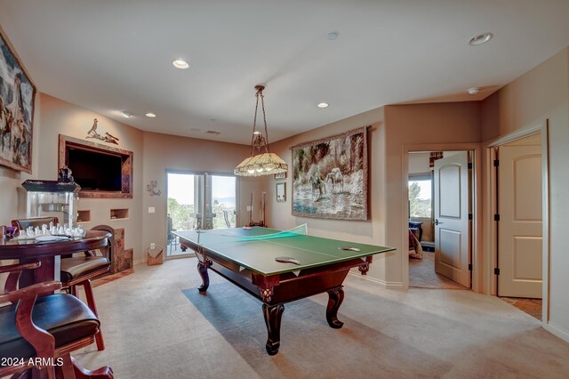 recreation room with light colored carpet
