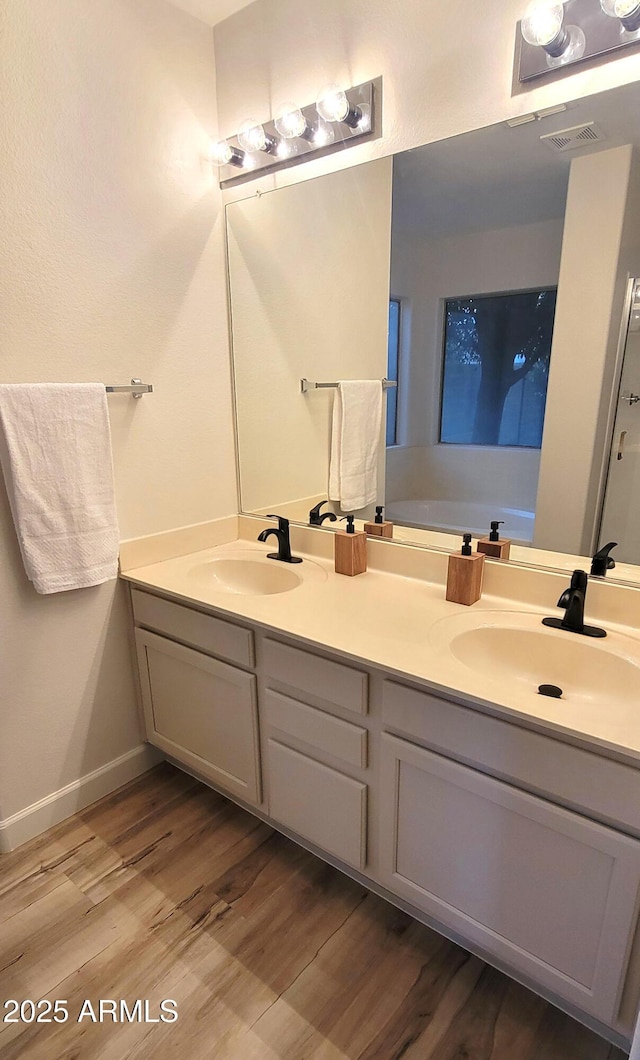 bathroom with hardwood / wood-style flooring and vanity