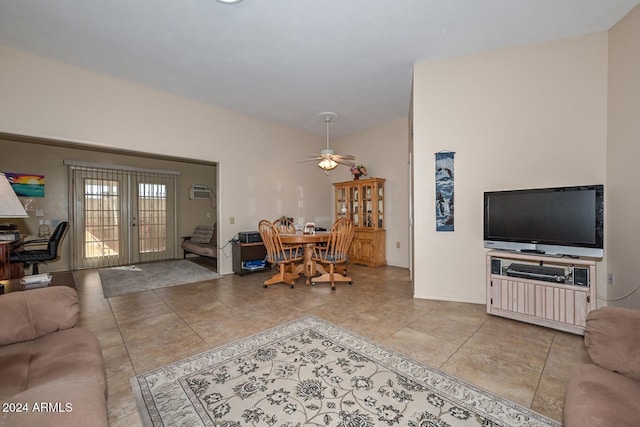 living room with ceiling fan, french doors, and light tile patterned flooring