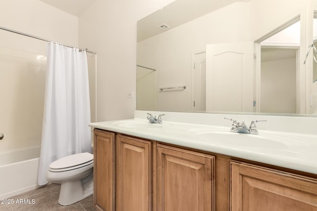 full bathroom with toilet, vanity, tile patterned flooring, and shower / tub combo with curtain