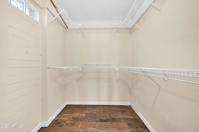 walk in closet with dark wood-type flooring