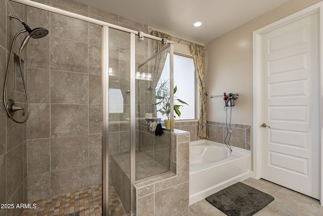 5012 S Girard St, Gilbert, AZ 85298 - bathroom with tile patterned floors, recessed lighting, a stall shower, and a garden tub