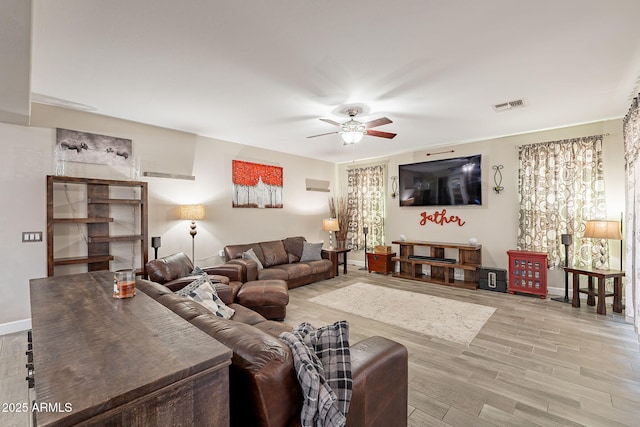 5012 S Girard St, Gilbert, AZ 85298 - living area featuring visible vents, light wood-type flooring, baseboards, and ceiling fan