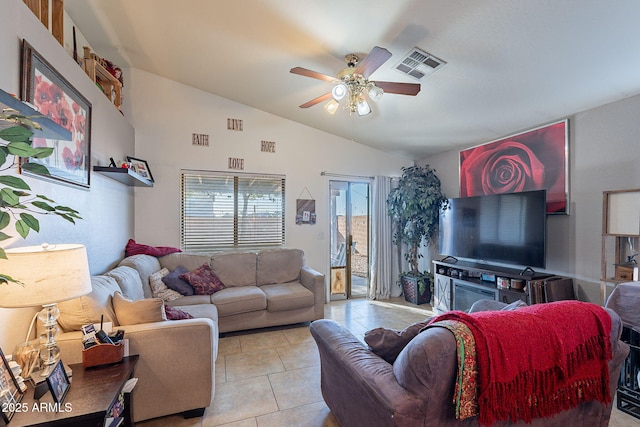 living room featuring light tile patterned floors, ceiling fan, vaulted ceiling, and visible vents