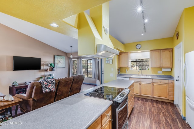 kitchen with vaulted ceiling, light brown cabinetry, sink, and stainless steel electric range