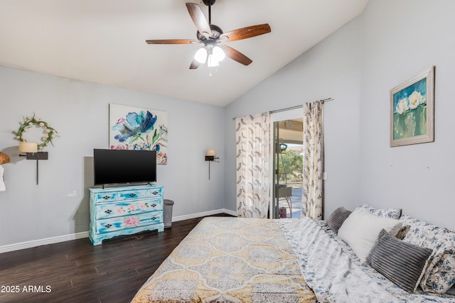 bedroom featuring access to outside, ceiling fan, dark hardwood / wood-style flooring, and lofted ceiling