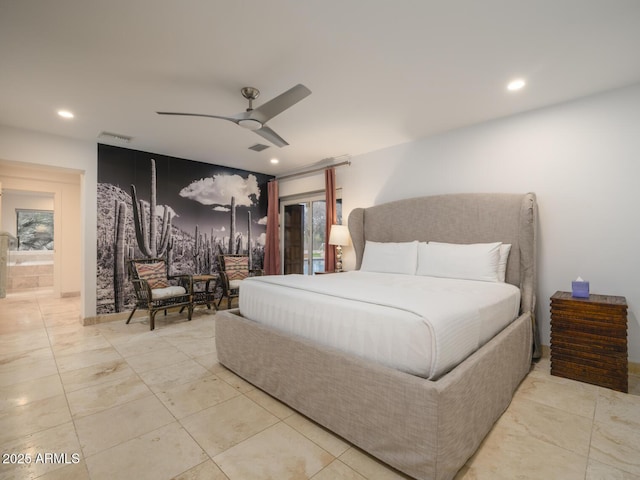 bedroom with ceiling fan, visible vents, and recessed lighting