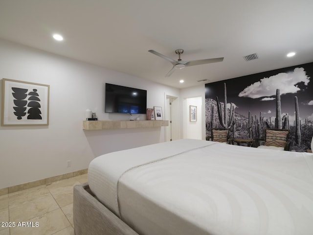 bedroom with baseboards, visible vents, a ceiling fan, and recessed lighting