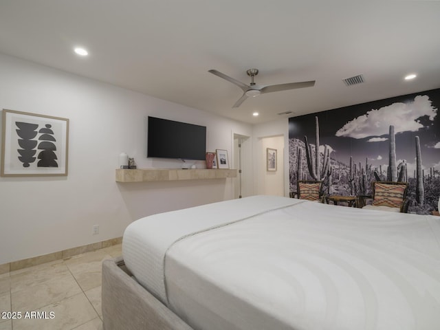 bedroom featuring baseboards, visible vents, a ceiling fan, and recessed lighting