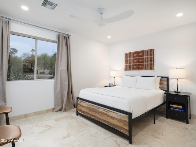 bedroom with visible vents, a ceiling fan, and recessed lighting