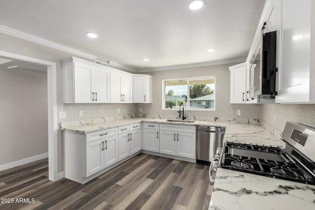 kitchen featuring dark wood finished floors, stainless steel appliances, crown molding, and a sink