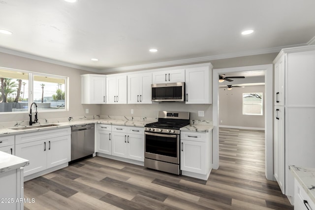 kitchen with a sink, a wealth of natural light, appliances with stainless steel finishes, and ornamental molding