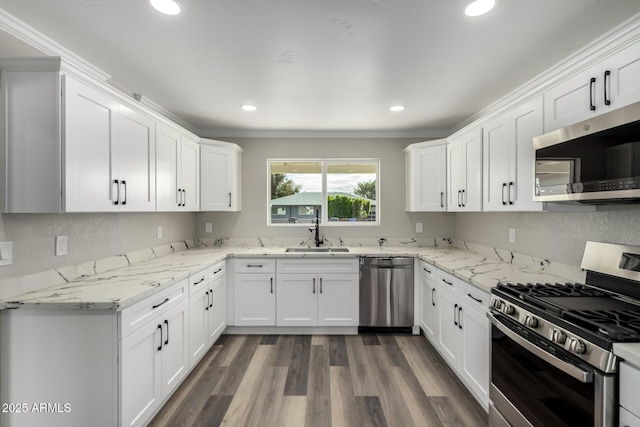 kitchen featuring a sink, stainless steel appliances, dark wood-style floors, and white cabinets