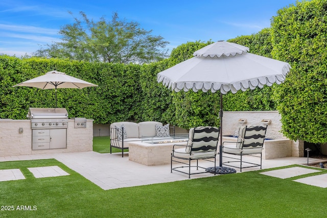 5542 E Alan Ln, Paradise Valley, AZ 85253 - view of patio / terrace featuring a grill, exterior kitchen, and an outdoor living space with a fire pit