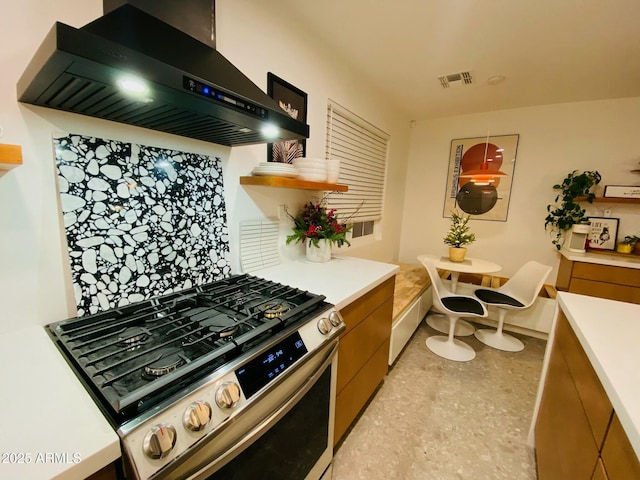 kitchen featuring stainless steel gas range oven and island range hood