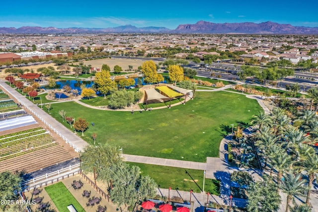 birds eye view of property with a mountain view