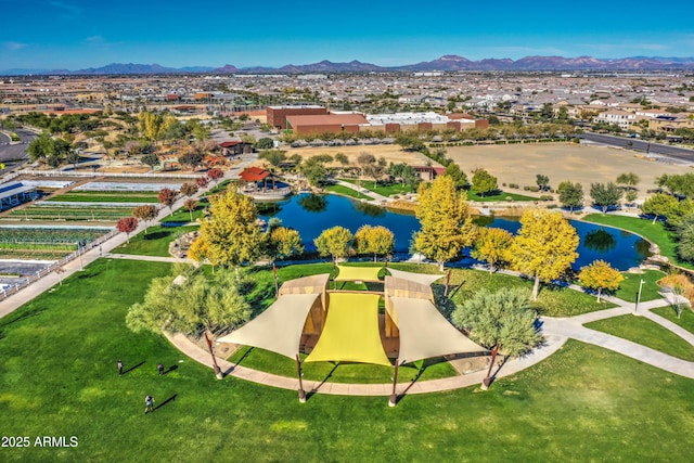 bird's eye view featuring a water and mountain view