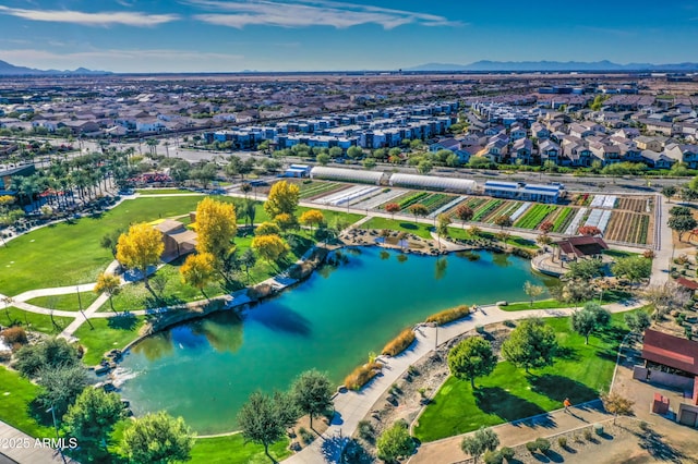 bird's eye view featuring a water and mountain view