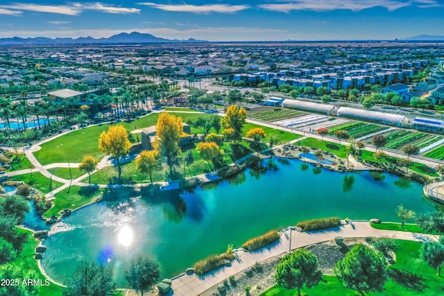 birds eye view of property featuring a water and mountain view