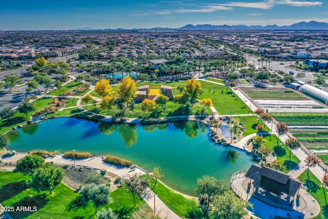 aerial view with a water and mountain view