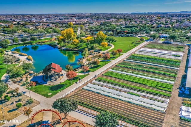 drone / aerial view featuring a water view