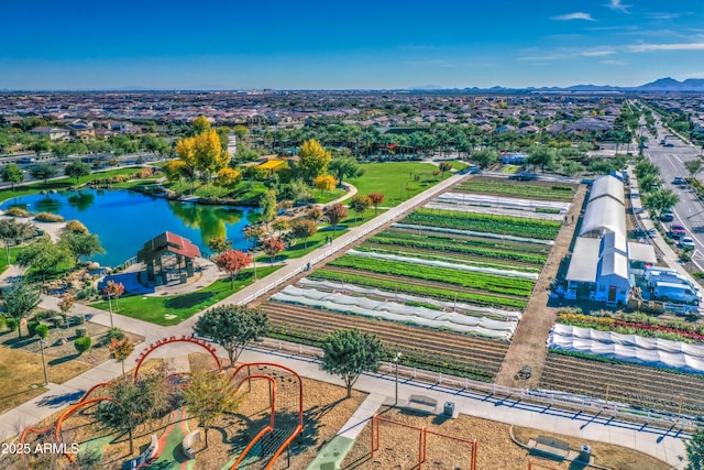 drone / aerial view featuring a water view