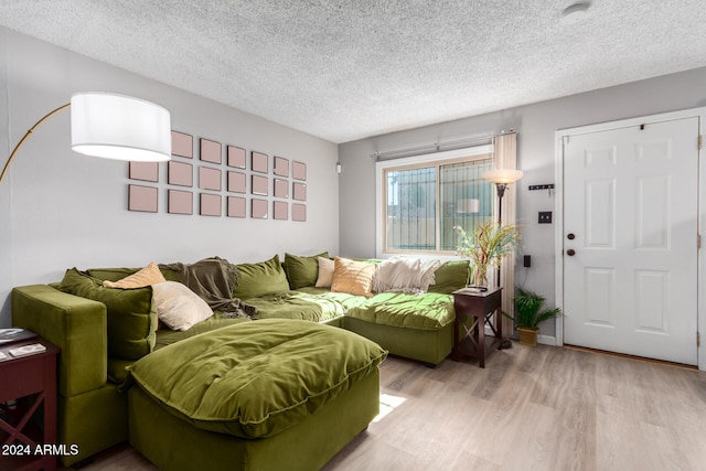 living room with light hardwood / wood-style flooring and a textured ceiling