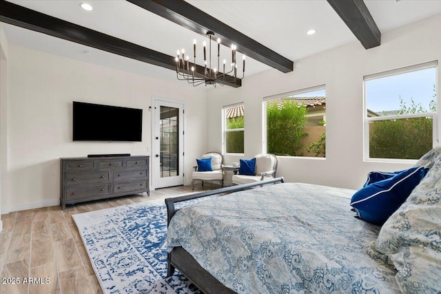 17146 W Mountainair St, Surprise, AZ 85388 - bedroom with beamed ceiling, access to outside, a chandelier, baseboards, and recessed lighting