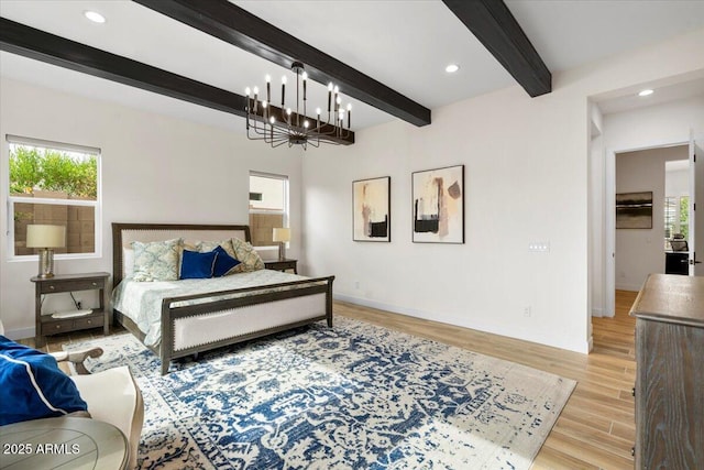 17146 W Mountainair St, Surprise, AZ 85388 - bedroom with baseboards, beam ceiling, light wood finished floors, a chandelier, and recessed lighting