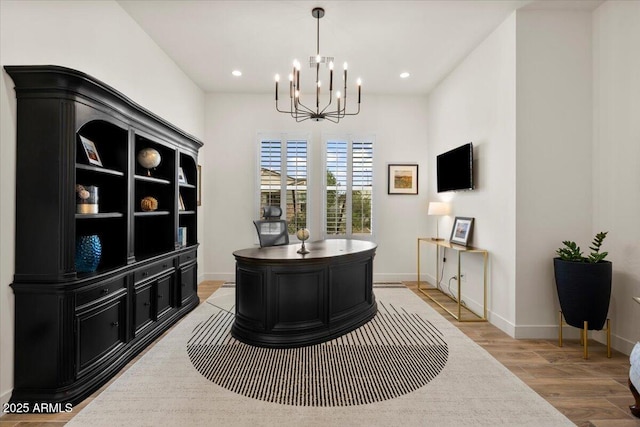 17146 W Mountainair St, Surprise, AZ 85388 - office area with light wood-style floors, a chandelier, baseboards, and recessed lighting