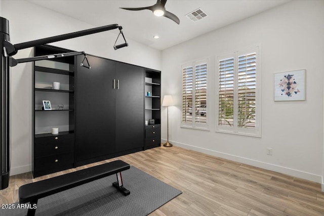 17146 W Mountainair St, Surprise, AZ 85388 - workout room featuring a ceiling fan, baseboards, light wood-style floors, and recessed lighting