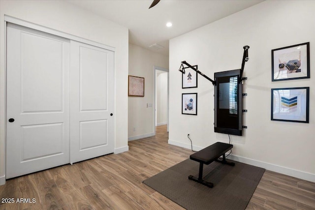 17146 W Mountainair St, Surprise, AZ 85388 - workout area featuring wood finished floors, baseboards, recessed lighting, and ceiling fan
