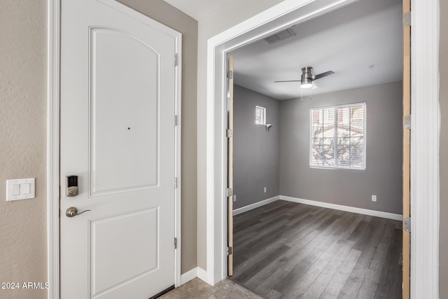 entryway featuring dark hardwood / wood-style flooring and ceiling fan