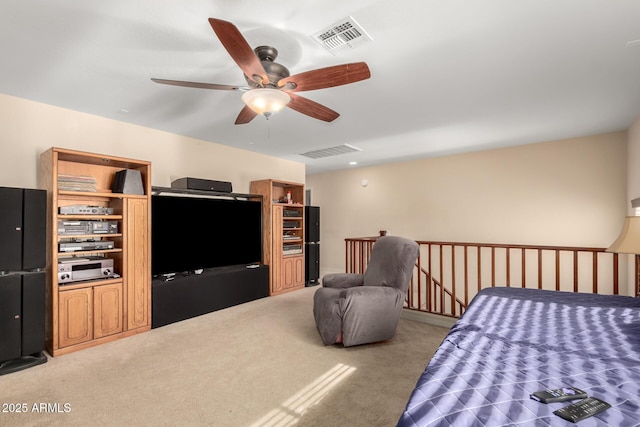 bedroom with a ceiling fan, visible vents, and carpet flooring