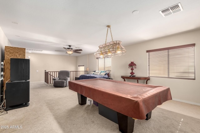 recreation room featuring billiards, visible vents, baseboards, and light colored carpet