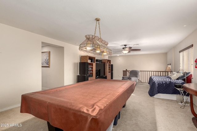 rec room featuring a ceiling fan, light colored carpet, billiards, and baseboards