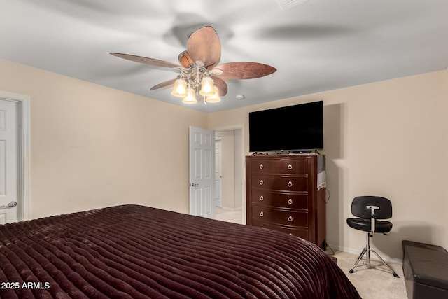 bedroom with light carpet and ceiling fan