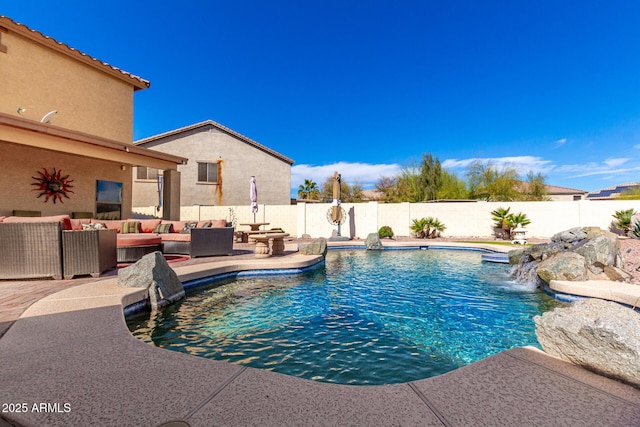 view of pool with a fenced backyard, an outdoor hangout area, a fenced in pool, and a patio