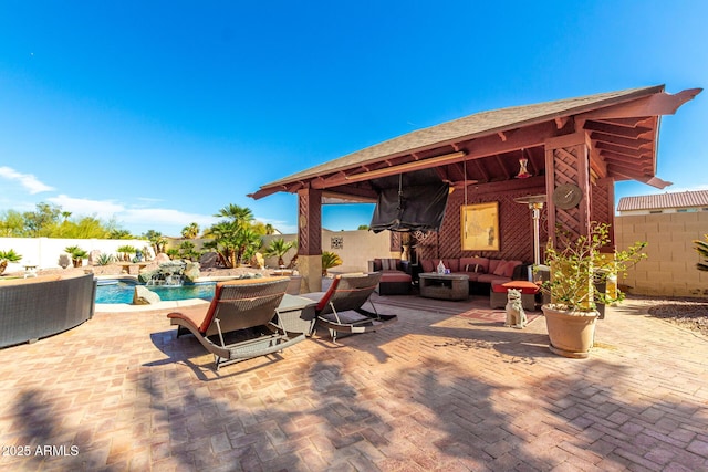 view of patio featuring outdoor lounge area, a fenced backyard, and a fenced in pool