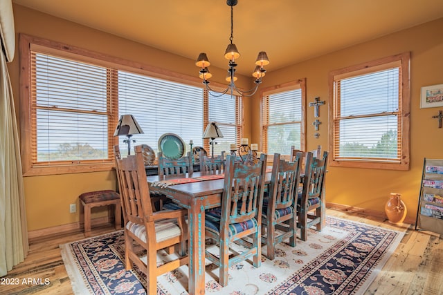 dining room with light hardwood / wood-style floors, a notable chandelier, and a healthy amount of sunlight