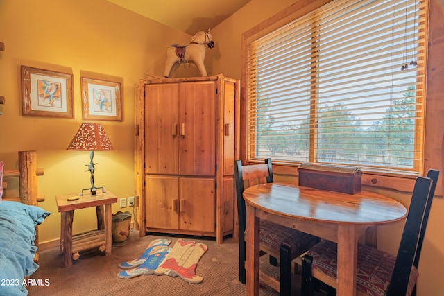 dining area featuring dark colored carpet