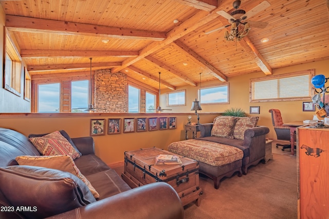 carpeted living room with wooden ceiling, ceiling fan, and a healthy amount of sunlight