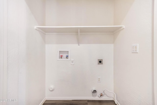 laundry room featuring washer hookup, gas dryer hookup, baseboards, wood finished floors, and hookup for an electric dryer