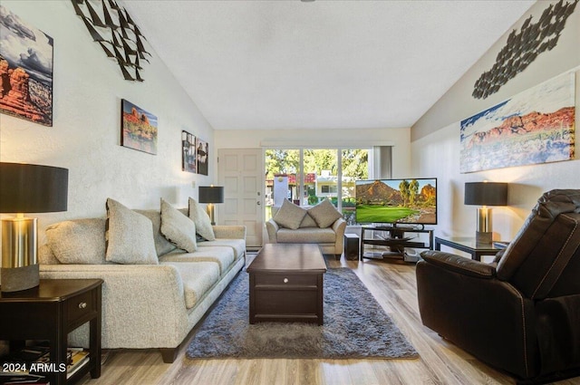 living room with light hardwood / wood-style floors and lofted ceiling