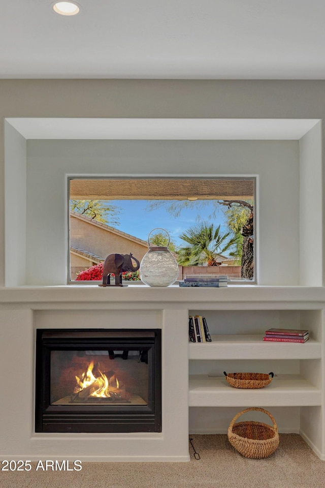 room details featuring carpet and a glass covered fireplace